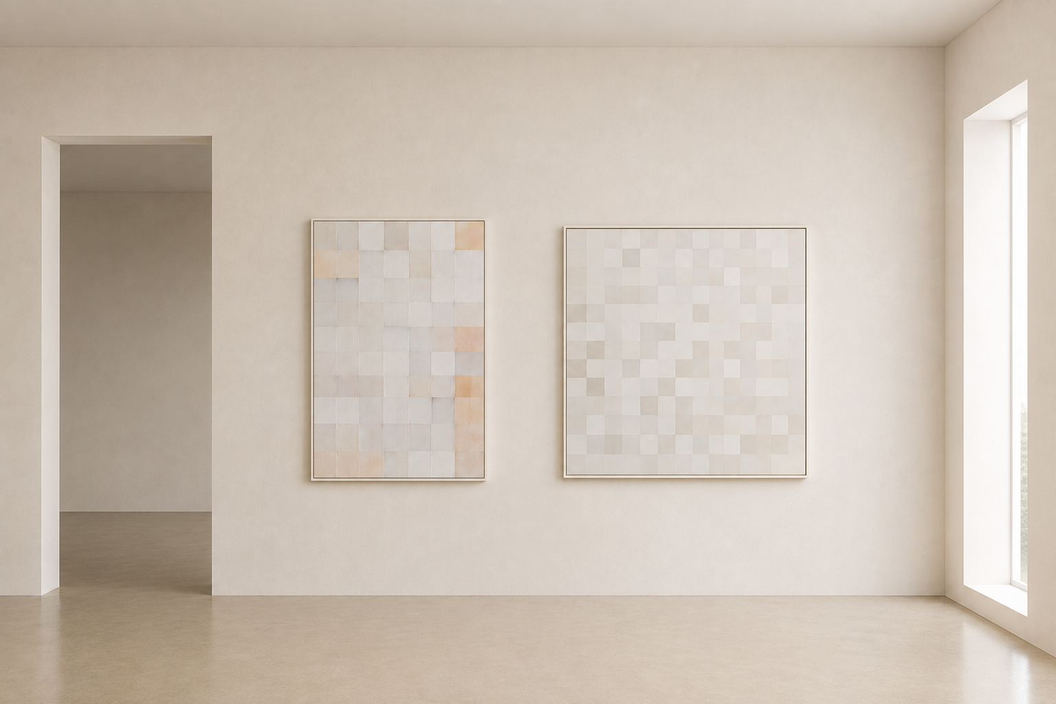 Minimalist art gallery with two framed abstract paintings on a white wall, natural light from a tall window to the right, beige floor, and an open doorway on the left.