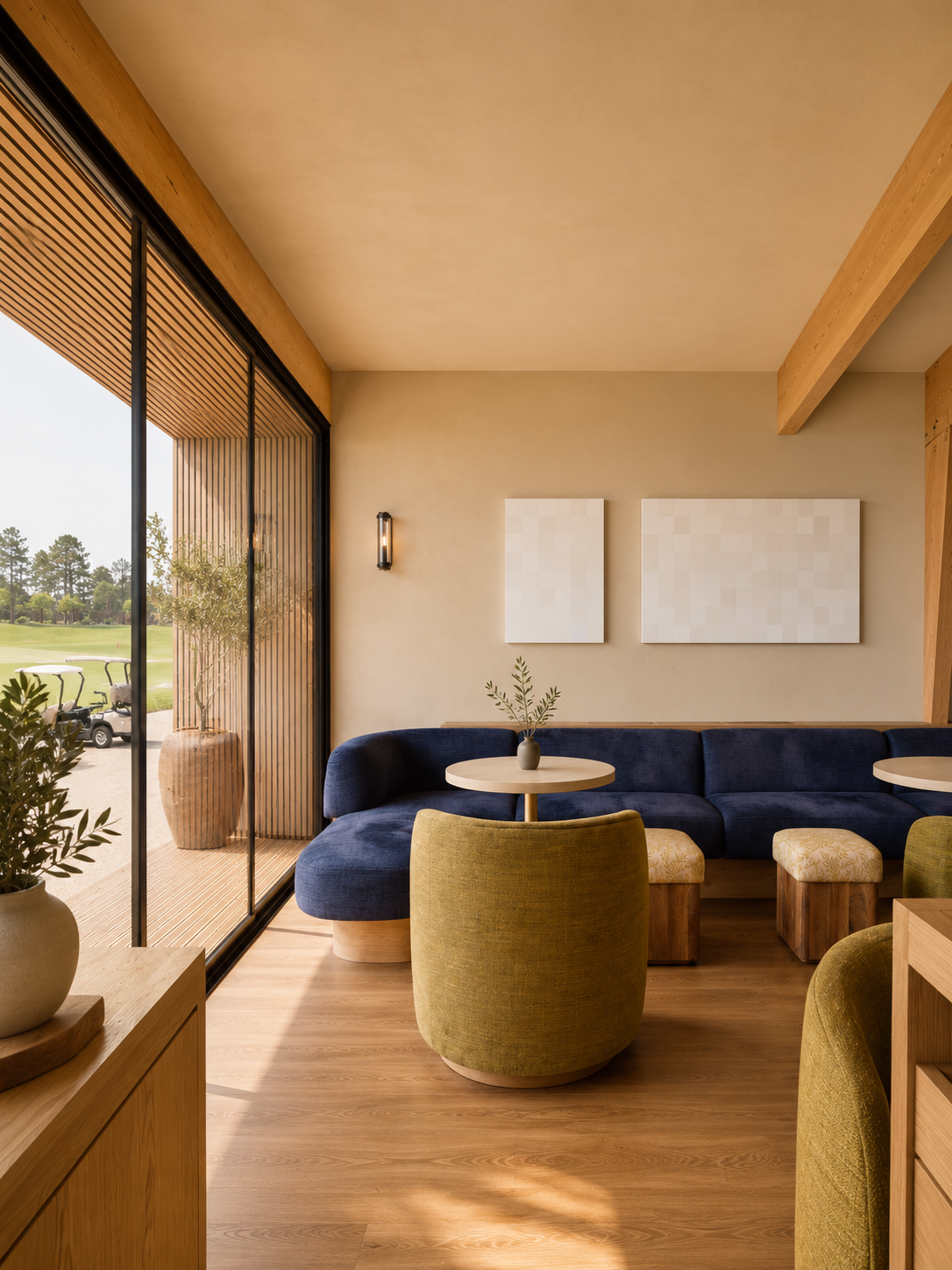 Interior of a modern living room with a large blue sectional sofa, yellow upholstered chairs, a small round table with a vase, and artwork on the wall. Large glass windows reveal an outdoor view of a golf course and greenery.