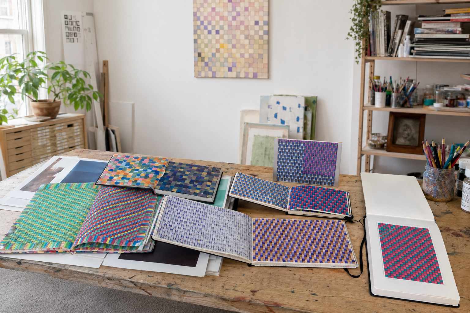 An art studio with a wooden table displaying open books and sketchbooks filled with colorful woven pattern designs, a large window with a potted plant, and a shelf, with additional paintings and art supplies in the background.
