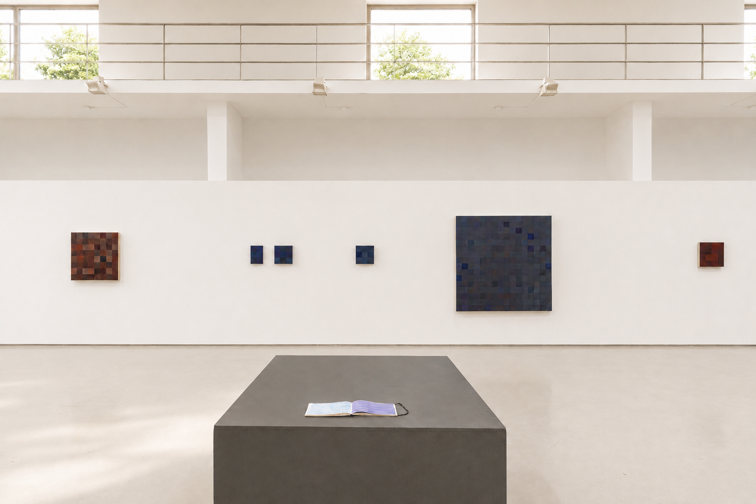 An art gallery with artwork on the white wall, including pixelated paintings in red and blue hues. An open book is on a gray pedestal in the foreground. Barreiro Auditorio Municipal Augusto Cabrita, AMAC. Parque da cidade. Diana Cerezino. exposição.