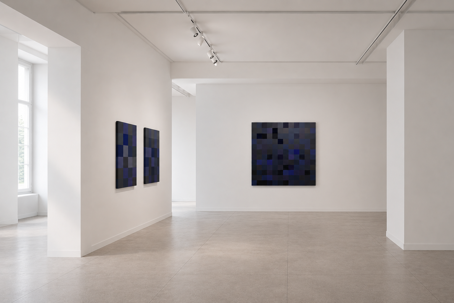 Modern art gallery with white walls and beige floors, featuring three pixelated abstract paintings with shades of blue and black.