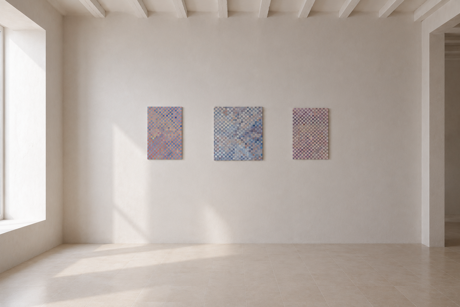 Three abstract paintings with geometric patterns hung on a white gallery wall in a minimalist art exhibit space with beige tiled floors and natural light.