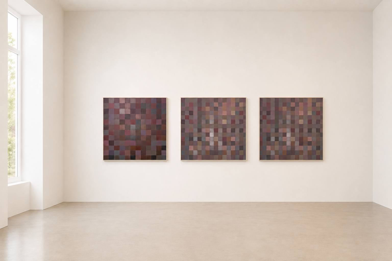 Three framed abstract pixel art pieces hanging on a white gallery wall, with a window to the left and natural light illuminating the room.