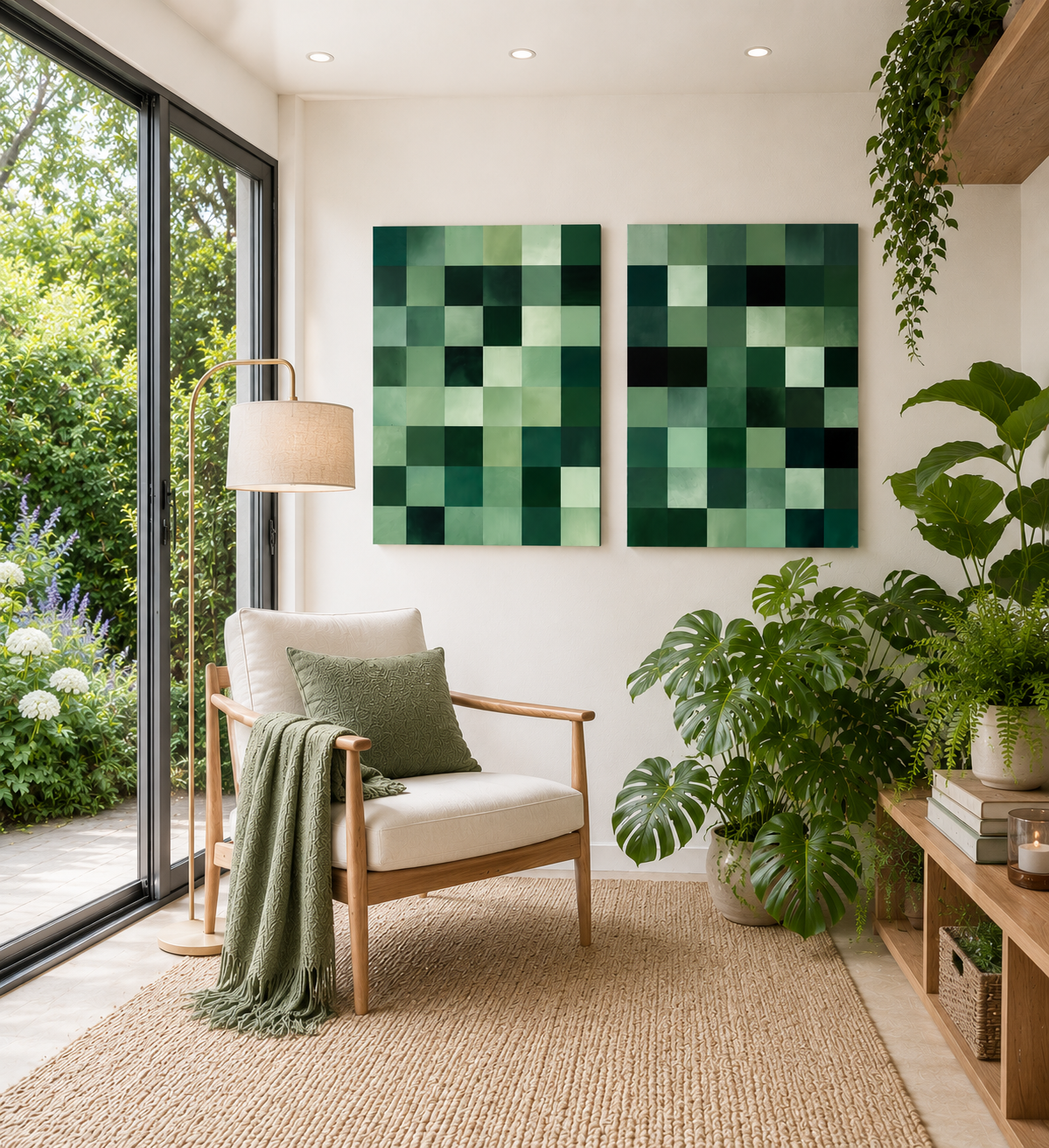 Living room with a white armchair, green pillow, and green throw blanket next to a large window with a garden view. Wall art features two green pixelated abstract paintings, and potted plants are on a wooden shelf. There's a beige rug and a standing lamp.