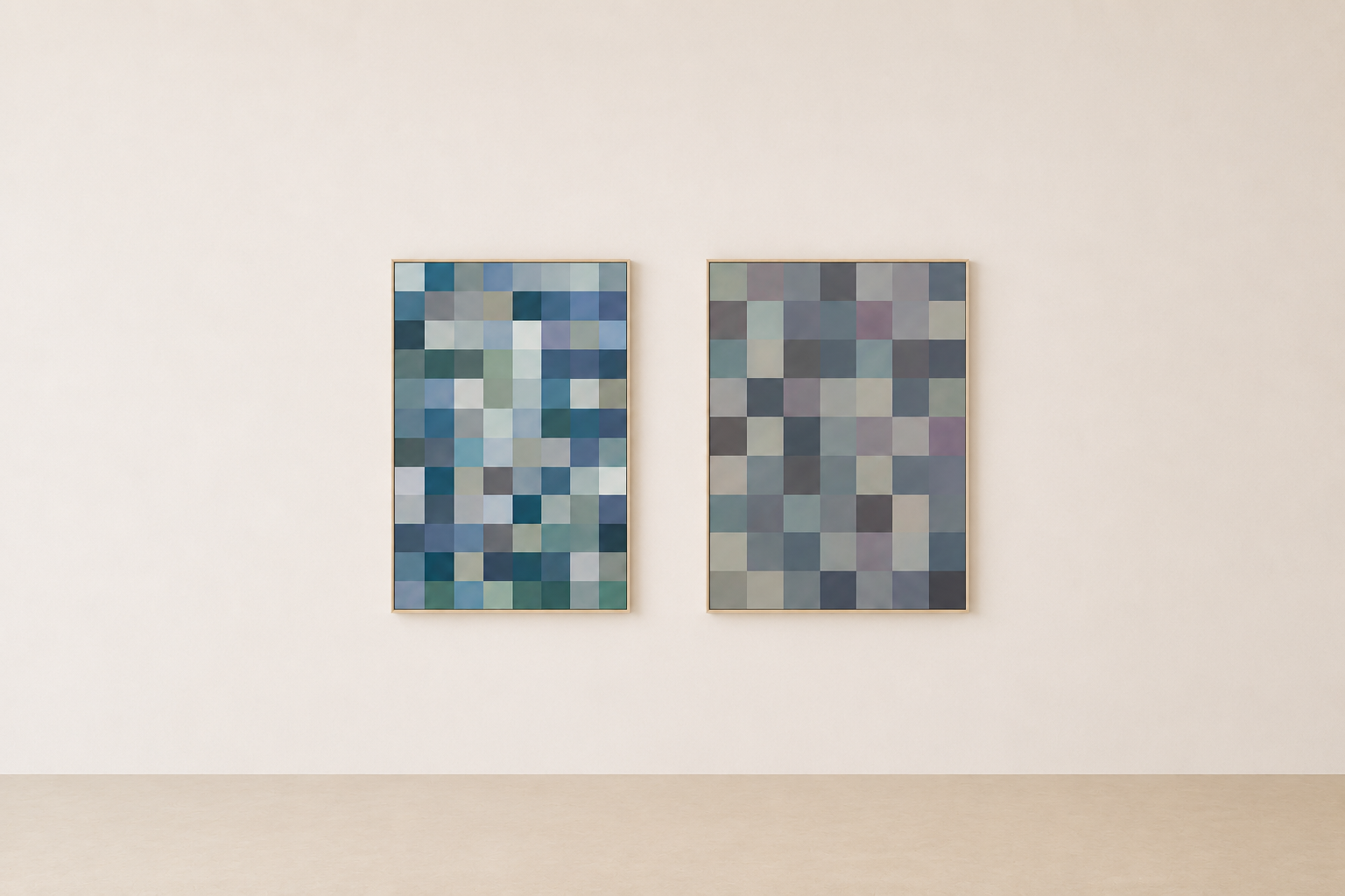 Two framed abstract pixel art pieces on a white gallery wall, one with various shades of blue and the other with neutral tones.
Diana Cerezino. Contemporary abstract painting
Abstract painting series
Geometric abstract art
Grid paintings
Contemporary