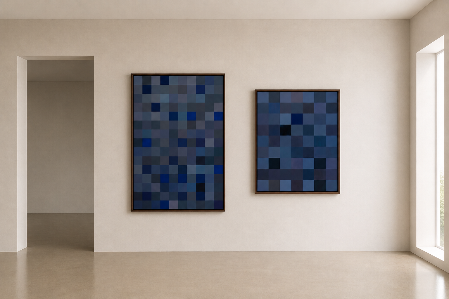 Two framed pixelated blue abstract art pieces hanging on a beige wall in a minimalist gallery space with natural light coming from a window on the right.