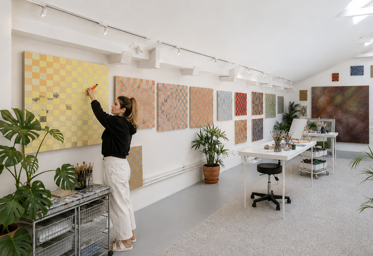 A woman in a black hoodie and white pants working on a large checkerboard painting in an art studio with multiple colorful paintings on the wall, potted plants, and art supplies