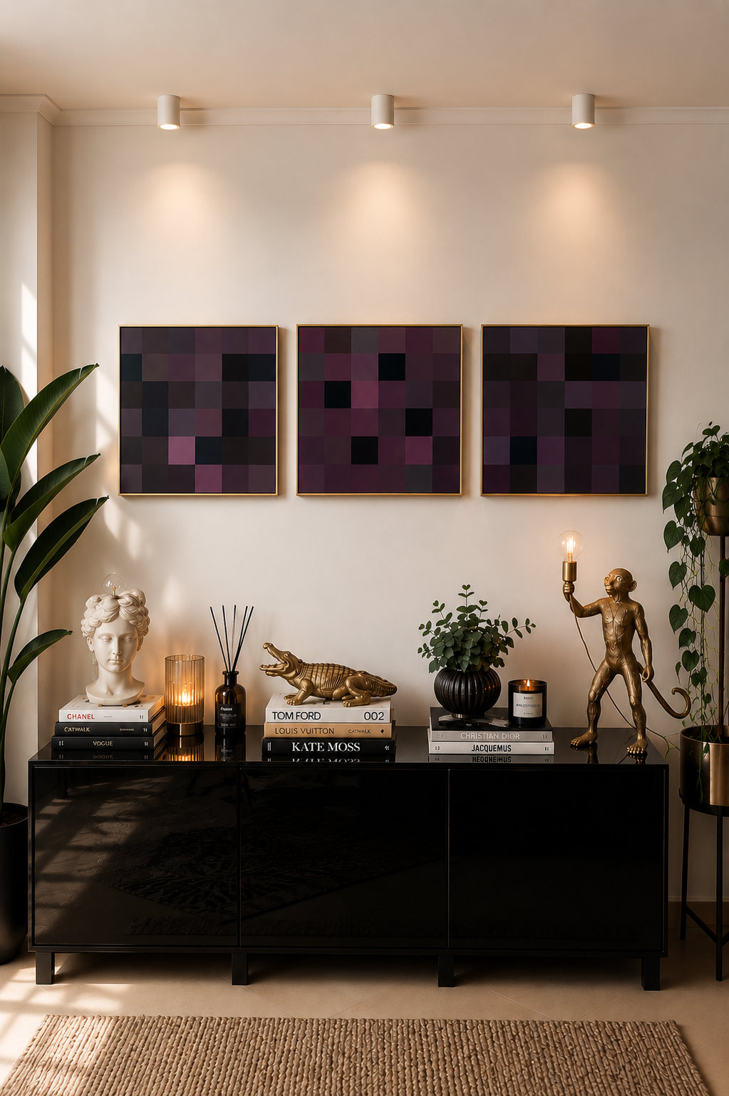 Modern living room decor with a black sideboard decorated with books, sculptures, a candle, and plants, with three abstract art pieces in shades of purple hanging on the wall above.