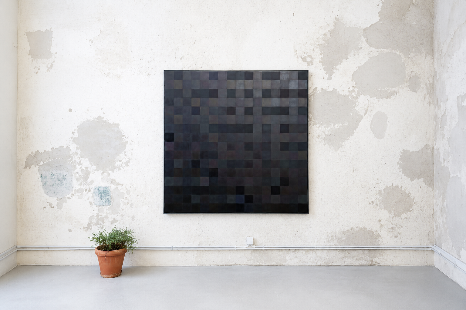 An art gallery wall with a large, dark, pixelated abstract painting, a potted green plant on the floor to the left, and a textured, peeling white wall background.