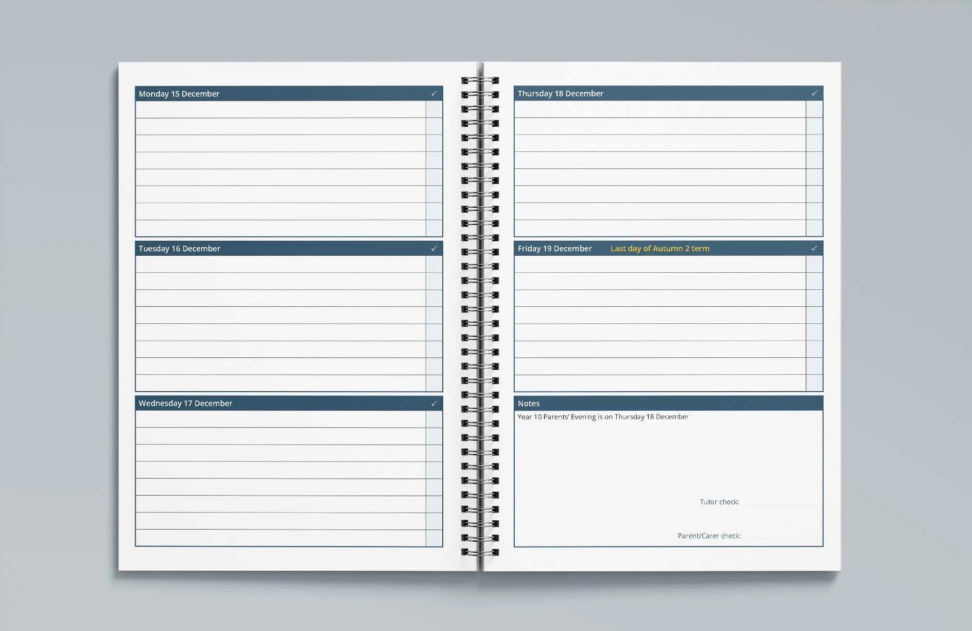 Diary pages with a notes sections