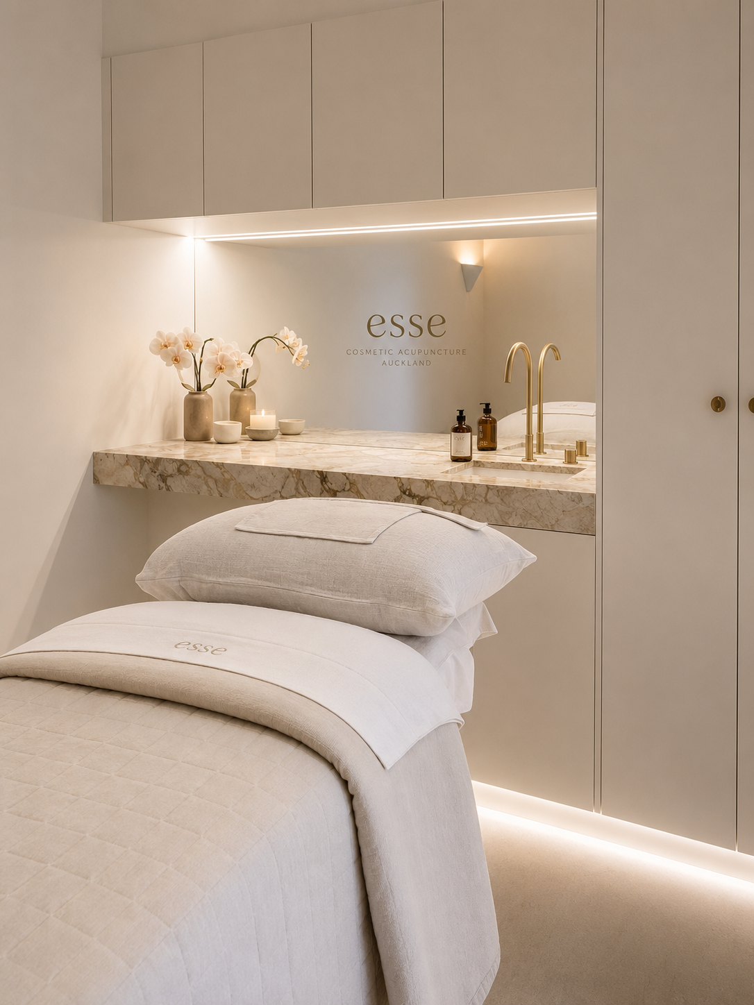 Calm, softly lit treatment room creating a relaxing wellness atmosphere
