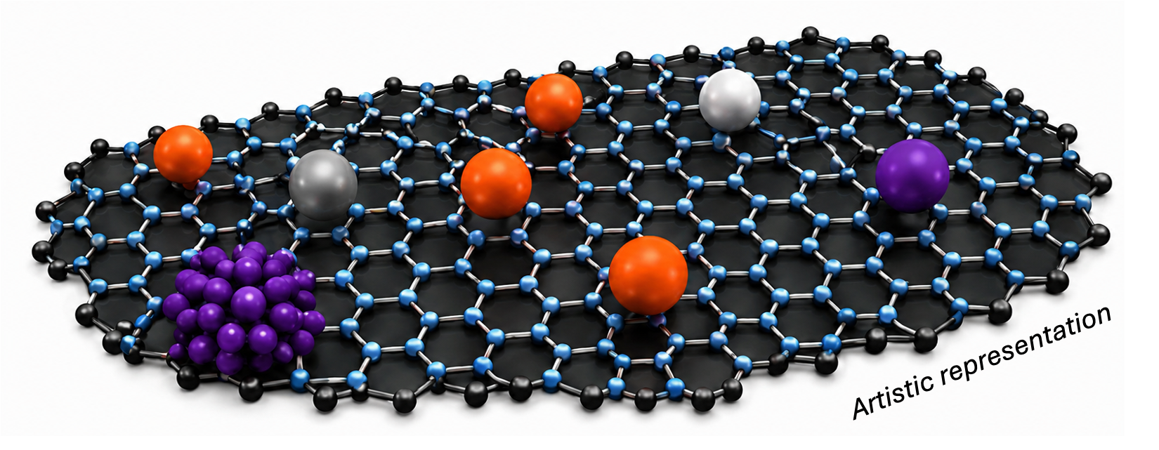 A molecular model of graphene with various colored spheres representing different atoms, including purple, orange, white, and gray, placed on the graphene sheet. The words "Artistic representation" are written at the bottom right corner.