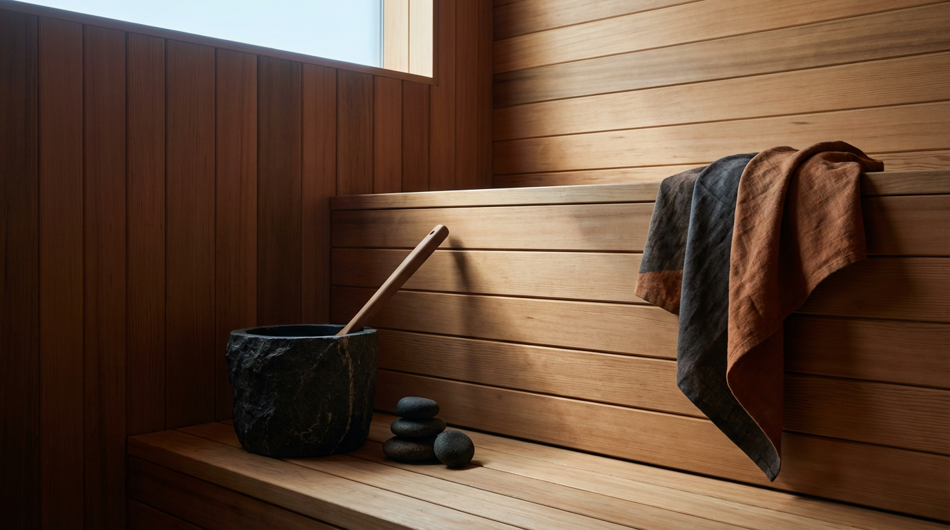 A wooden sauna interior with a towel hanging on a wooden wall, a black stone bucket with a wooden ladle inside, and three stacked smooth stones on the bench near the bucket.