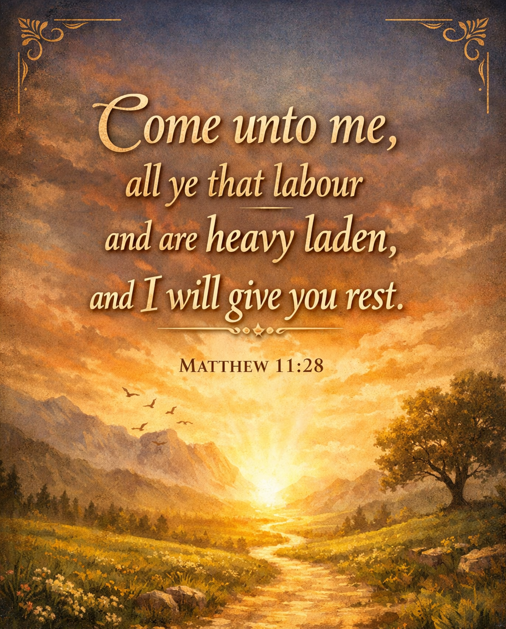 Bible verse from Matthew 11:28 with a landscape painting of a sunrise over mountains, a tree on the right, a stream flowing through a yellow and green meadow, birds flying in the sky, and decorative borders in the corners.