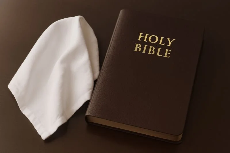 A closed Holy Bible with a white cloth beside it on a dark surface.