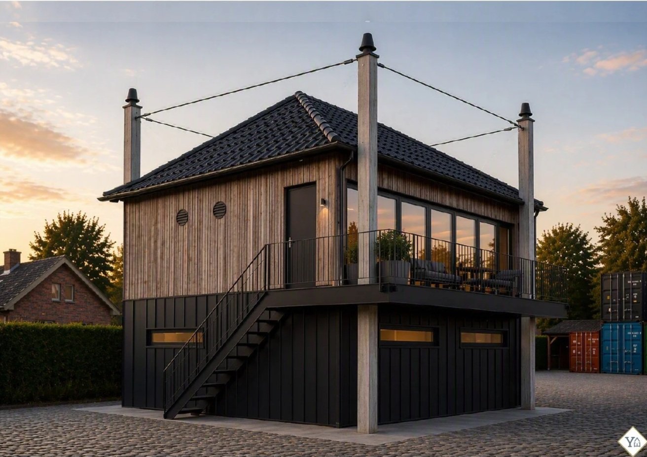 Moderne twee verdieping huis met houten gevel, zwart metalen balkons en trap, grote ramen, daken met donkere dakpannen, en in de achtergrond bomen en containers.