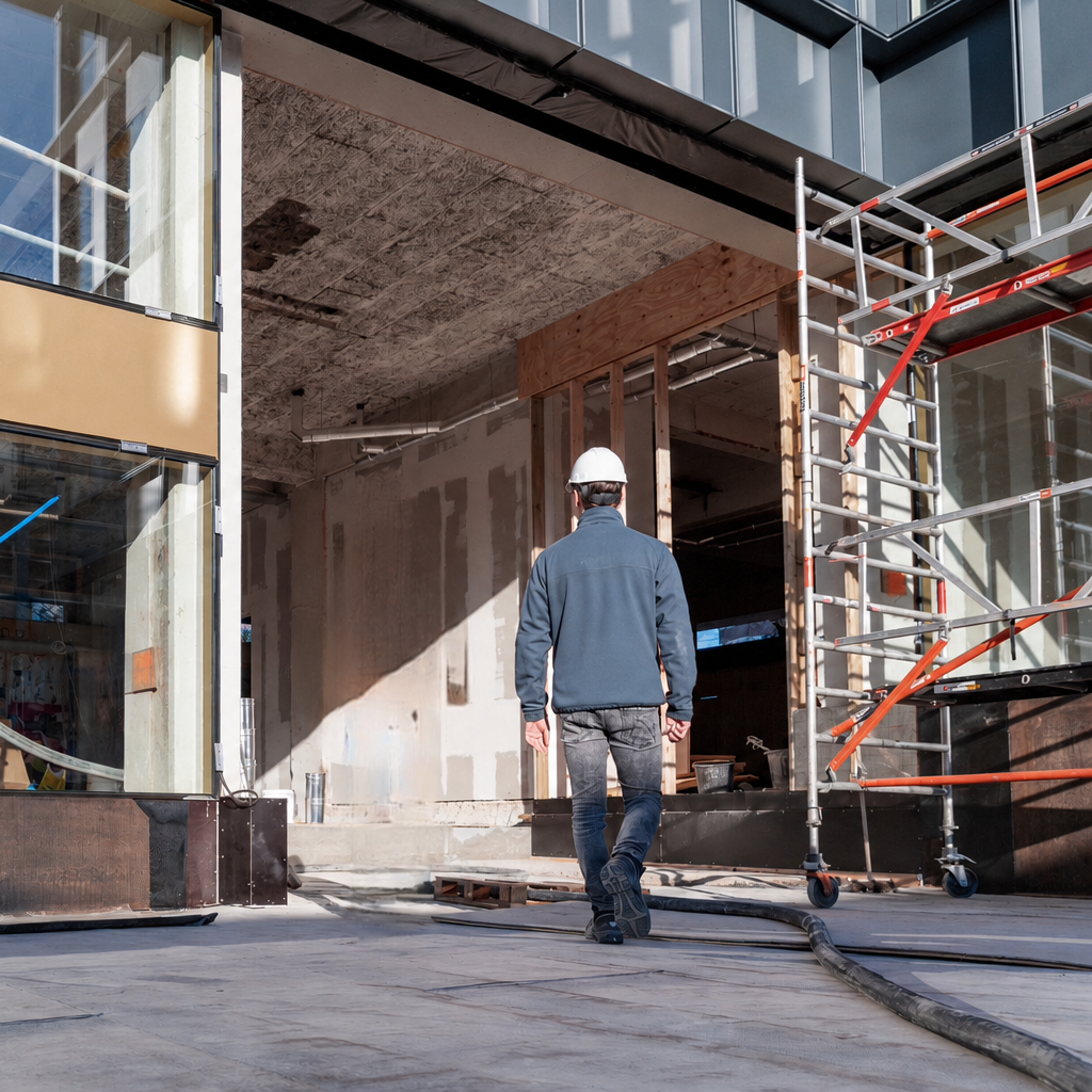 Een man met een helm loopt door een bouwplaats met steigers, glazen gevels en betonwerk, onder een overhang met bouwmateriaal.