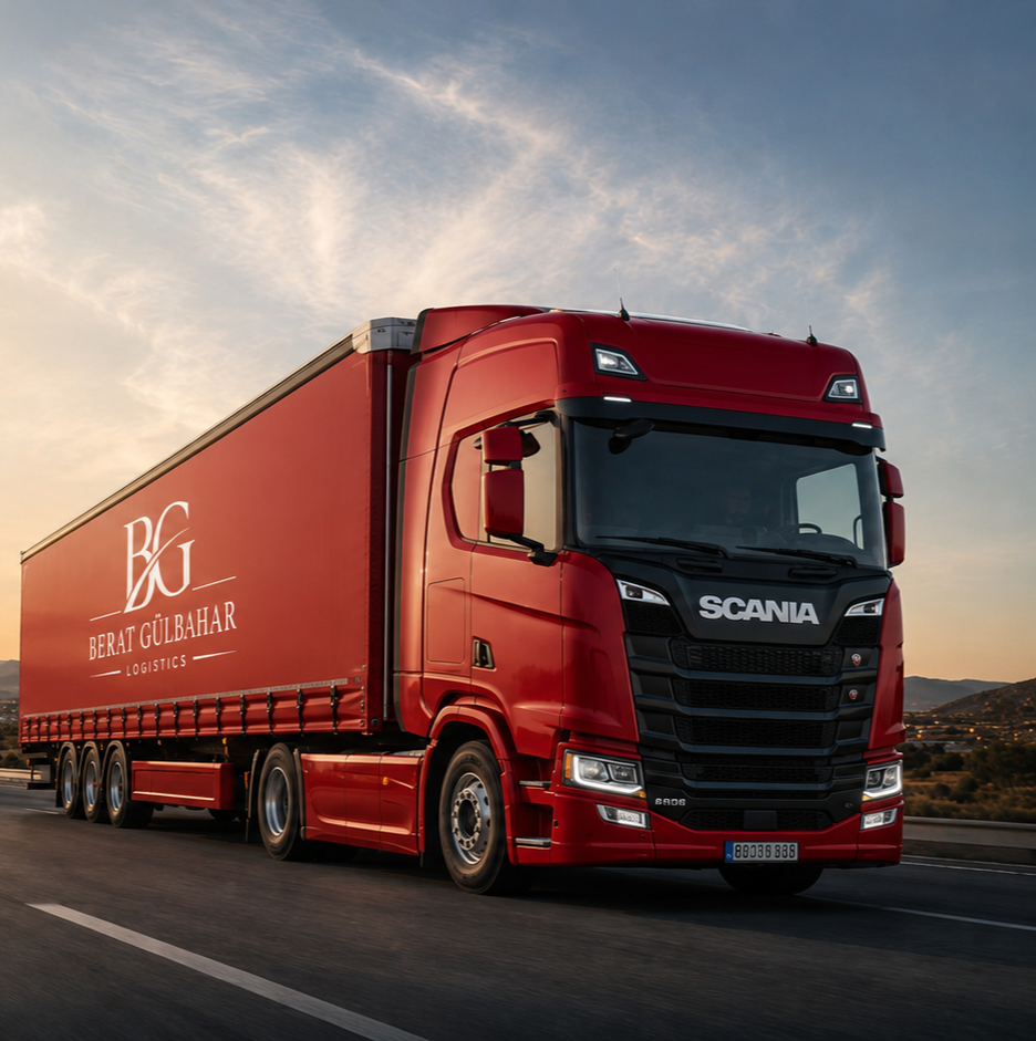 A red semi-truck driving on a highway at sunset with mountains in the background.
