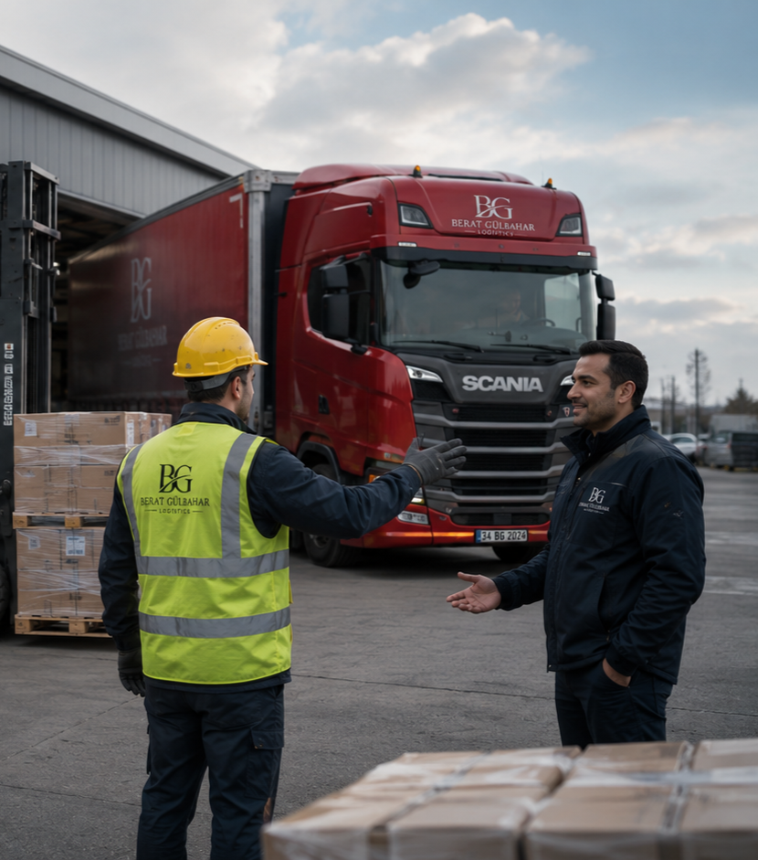 Two men, one wearing a yellow hard hat and high-visibility vest, and the other in a dark jacket, are talking in a warehouse or loading dock area near a red Scania semi-truck. There are pallets with boxes around them.