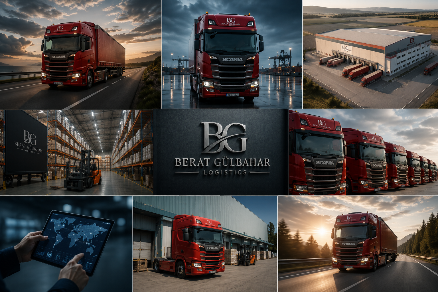 A collage showcasing logistics trucks, a warehouse, and digital monitoring equipment. The trucks are red with the Berat Gülbahar Logistics logo, featured on highways, at a loading dock, and in a warehouse yard. A central image displays the Berat Gülbahar Logistics logo in metallic letters. Another image shows a person using a tablet with a world map and analytics. The setting is a mix of outdoor scenes, warehouse interiors, and digital technology.