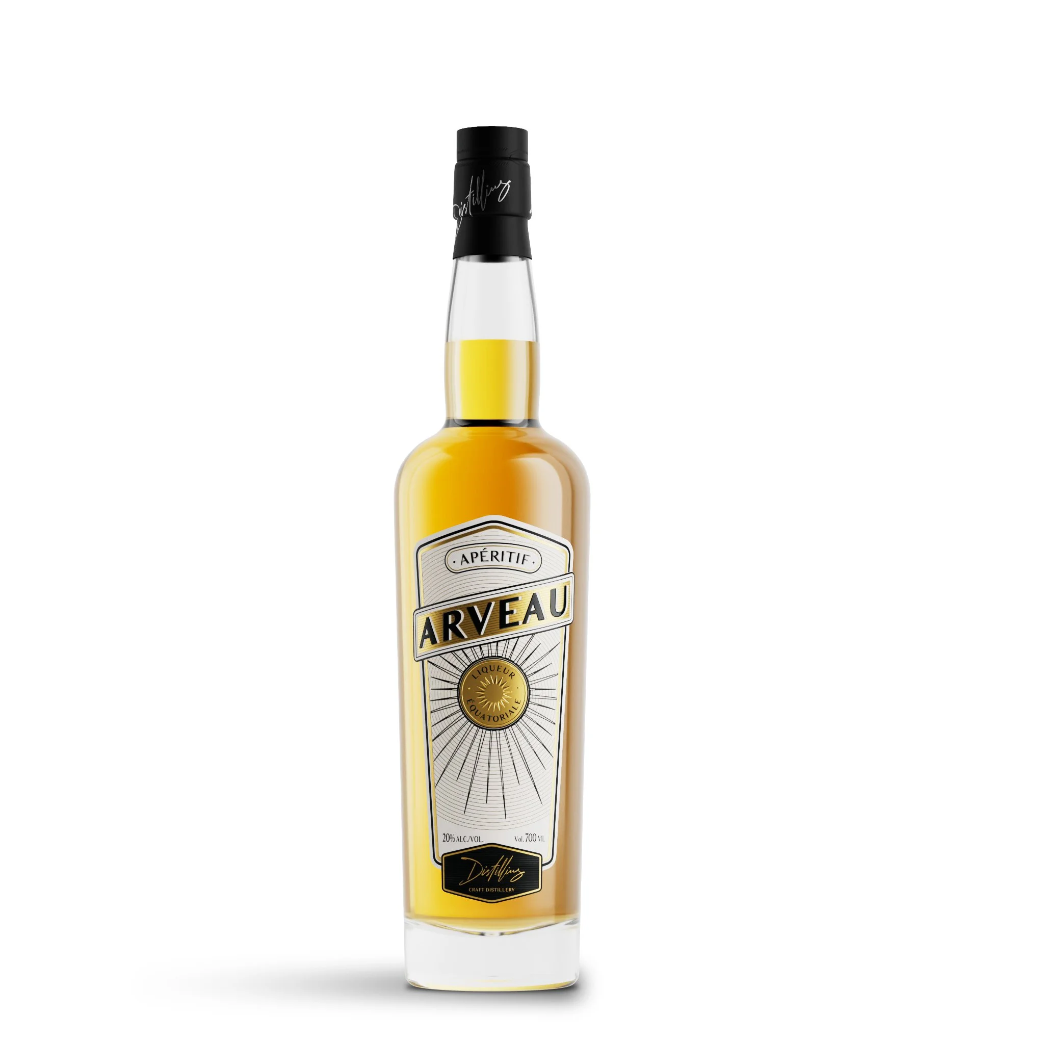 Bottle of Arveau aperitif with gold and black label, black cap, against a white background.