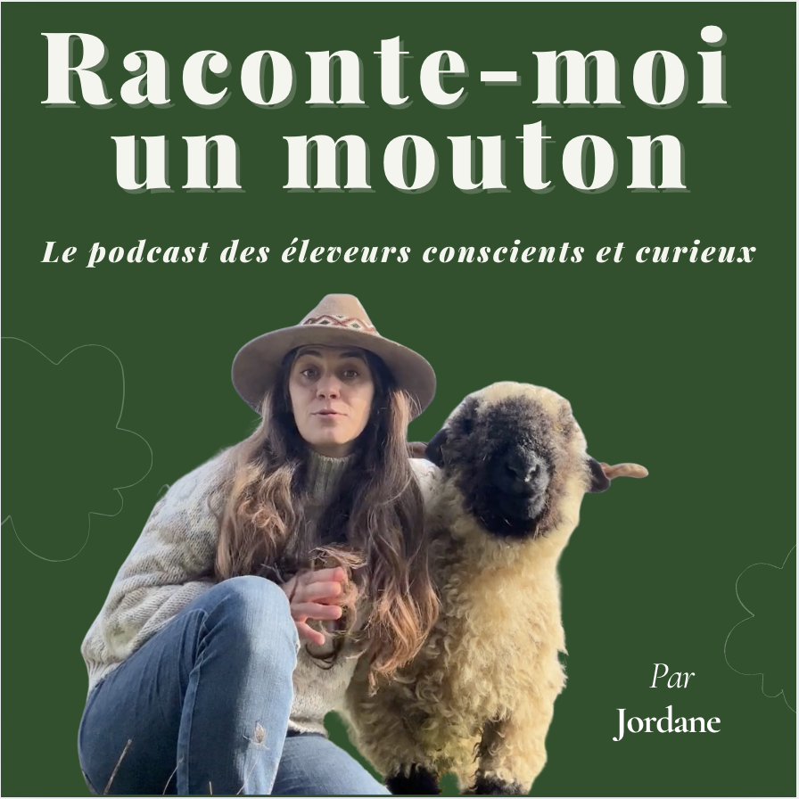 Une femme avec un chapeau et un pull, assise à côté d'un mouton. Texte en français "Raconte-moi un mouton" et "Le podcast des éleveurs conscients et curieux". Nom de l'auteur "Par Jordane".