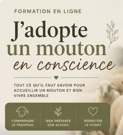 Page de formation en ligne pour adopter un mouton, avec conseils sur la compréhension du troupeau, la préparation et le respect de l'animal.