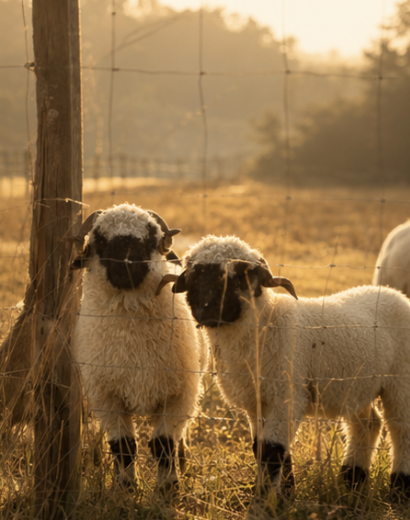 Deux agneaux dans un champ au coucher du soleil, derrière une clôture en fil de fer.