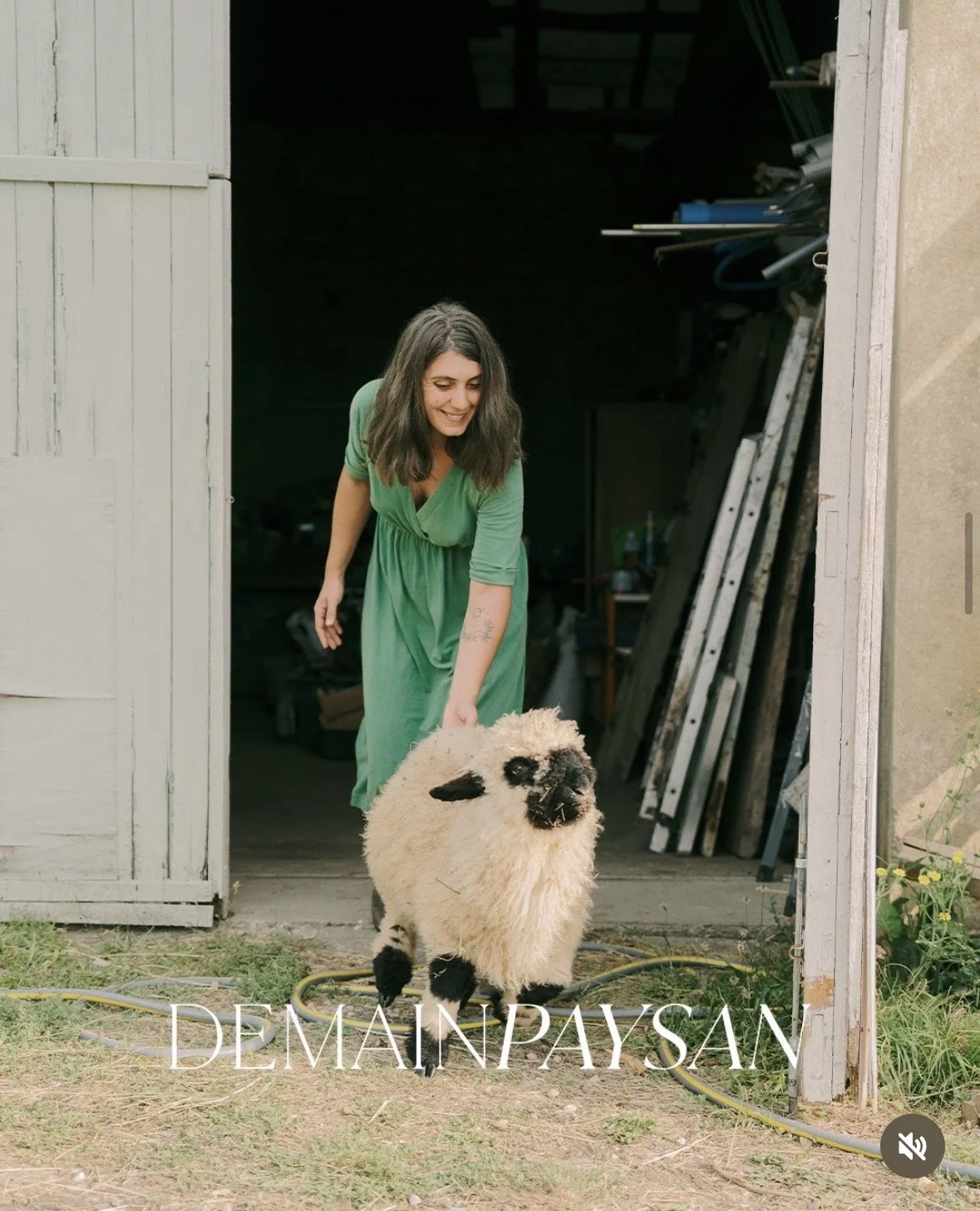 Une femme enrobe une brebis dans un étang en dehors d'une ferme, avec des outils de bricolage dans le fond, et la légende "DEMAIN PAYSAN" en bas.