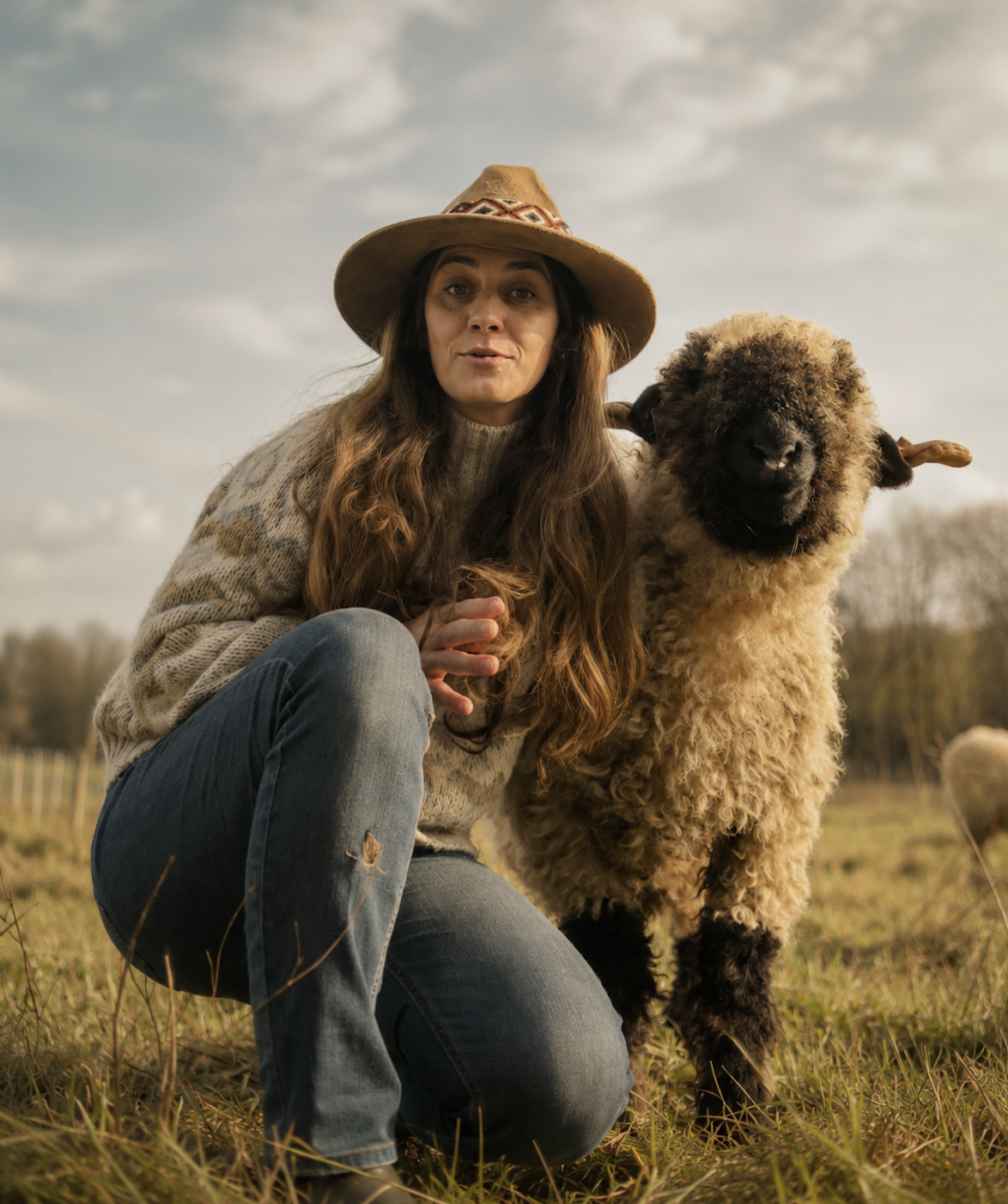 Femme avec chapeau de cow-boy posé sur ses longs cheveux bruns, portant un pull en laine, à côté d'un sheepdog dans un champ lors d'une journée ensoleillée avec des nuages dans le ciel.