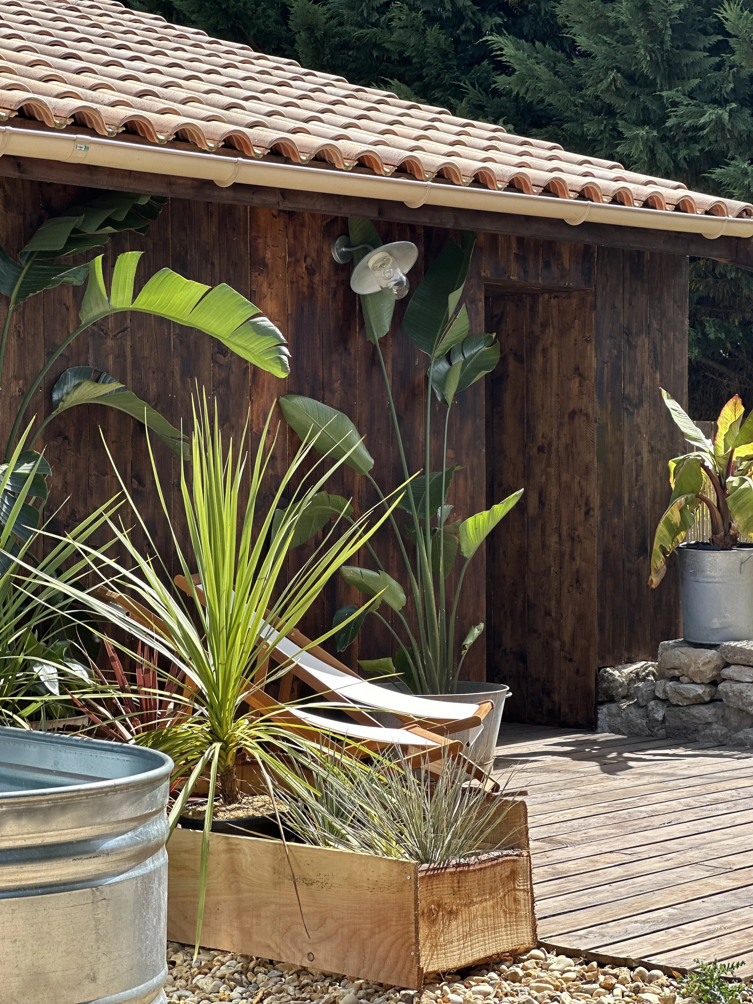 Jardin avec des plantes vertes en pot en bois, un sol en bois, un mur en bois foncé et un toit en tuiles.