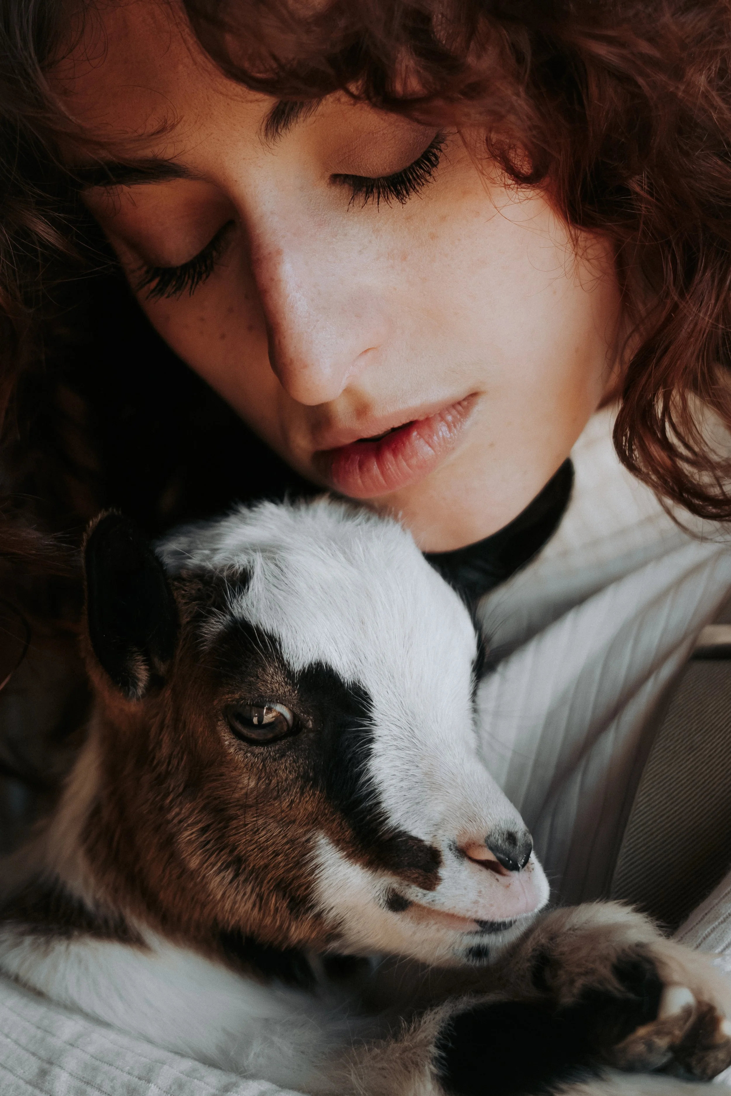 Une jeune femme aux cheveux bouclés rouges tendresse caressant un chien dalmatien noir et blanc