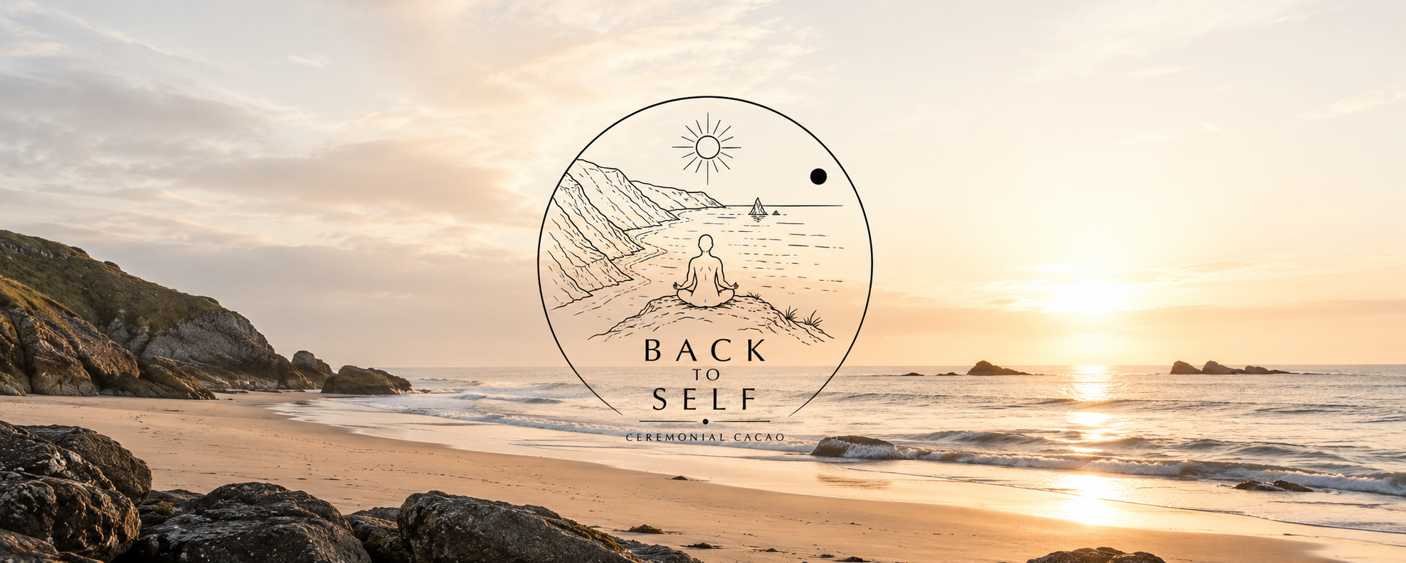 Beach scene at sunset with rocky shoreline, gentle waves, and a partly cloudy sky. Overlay of a logo featuring a person meditating, mountains, ocean, sun, and black dot, with the text "Back to Self" and "Ceremonial Cacao."