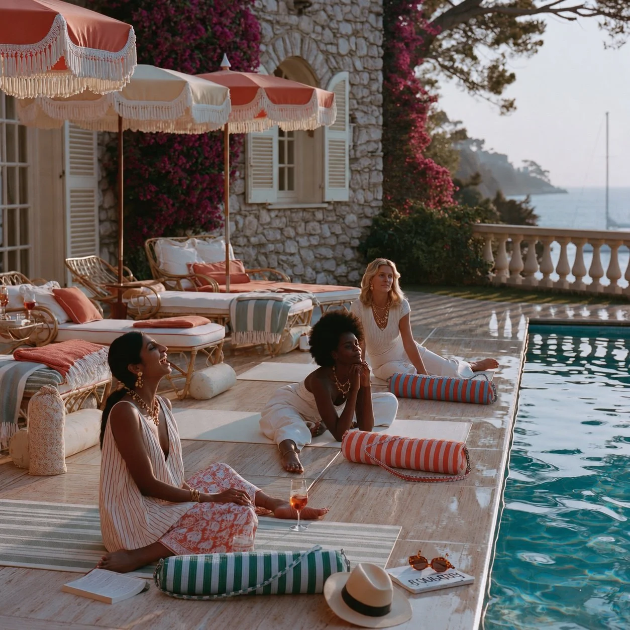 Three women practicing yoga by a swimming pool at sunset, with outdoor furniture, striped bolsters, and a stone house with white shutters in the background.