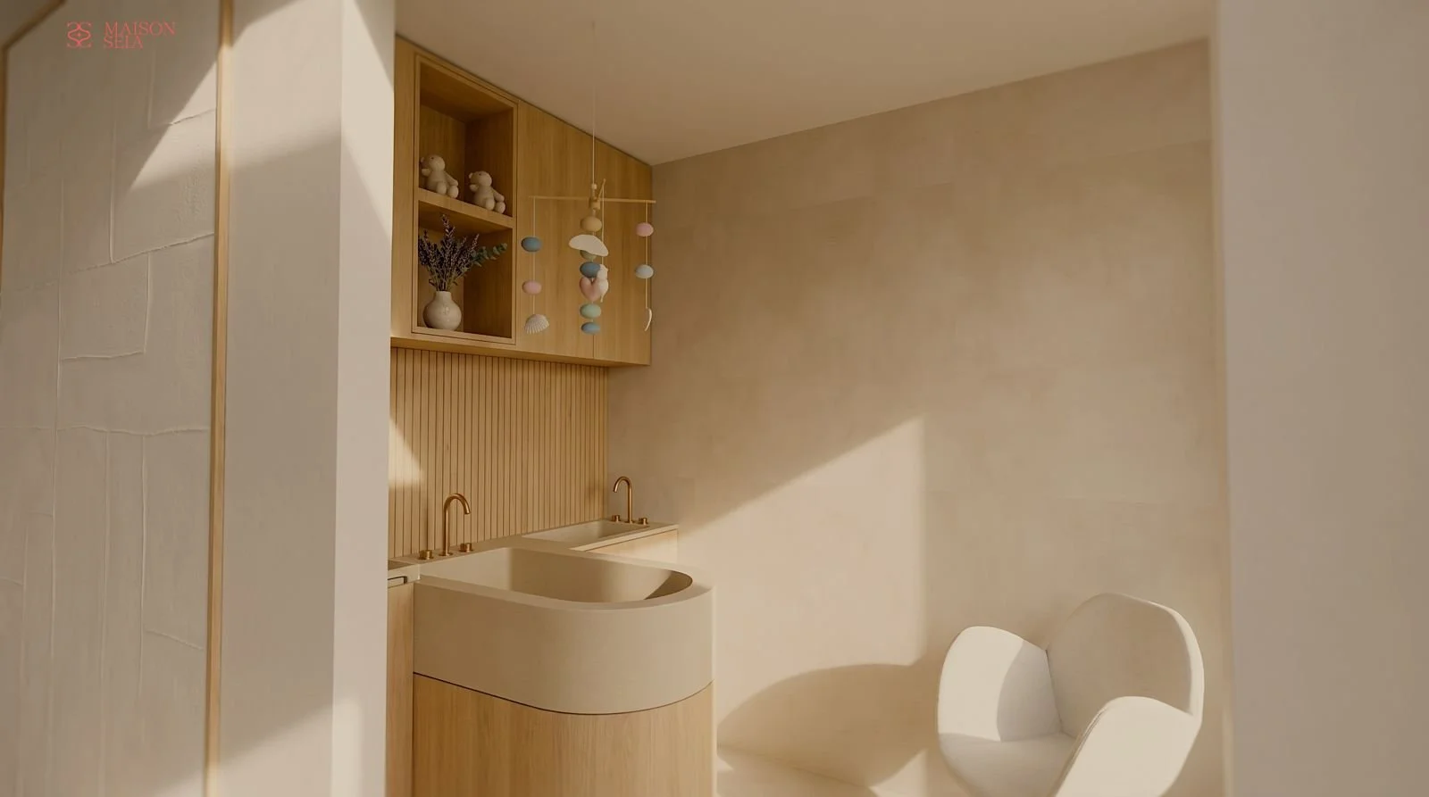 Coin buanderie avec lavabo en bois clair, étagères en bois avec des jouets et des décorations, et une chaise blanche