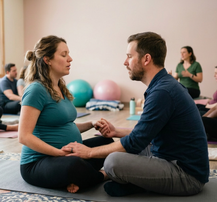 Un couple, apparemment lors d'une séance de yoga ou de relaxation, est assis face à face, tenant leurs mains ensemble, avec une femme enceinte. D'autres personnes sont assises en arrière-plan dans une pièce calme, semblant participer à une activité collective.
