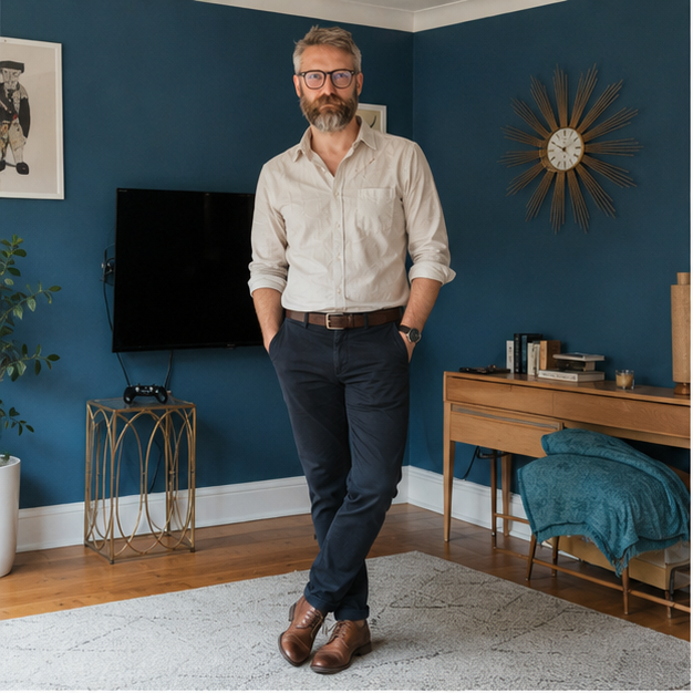 Ryan Minti, non-monogamy expert and mentor in a blue room