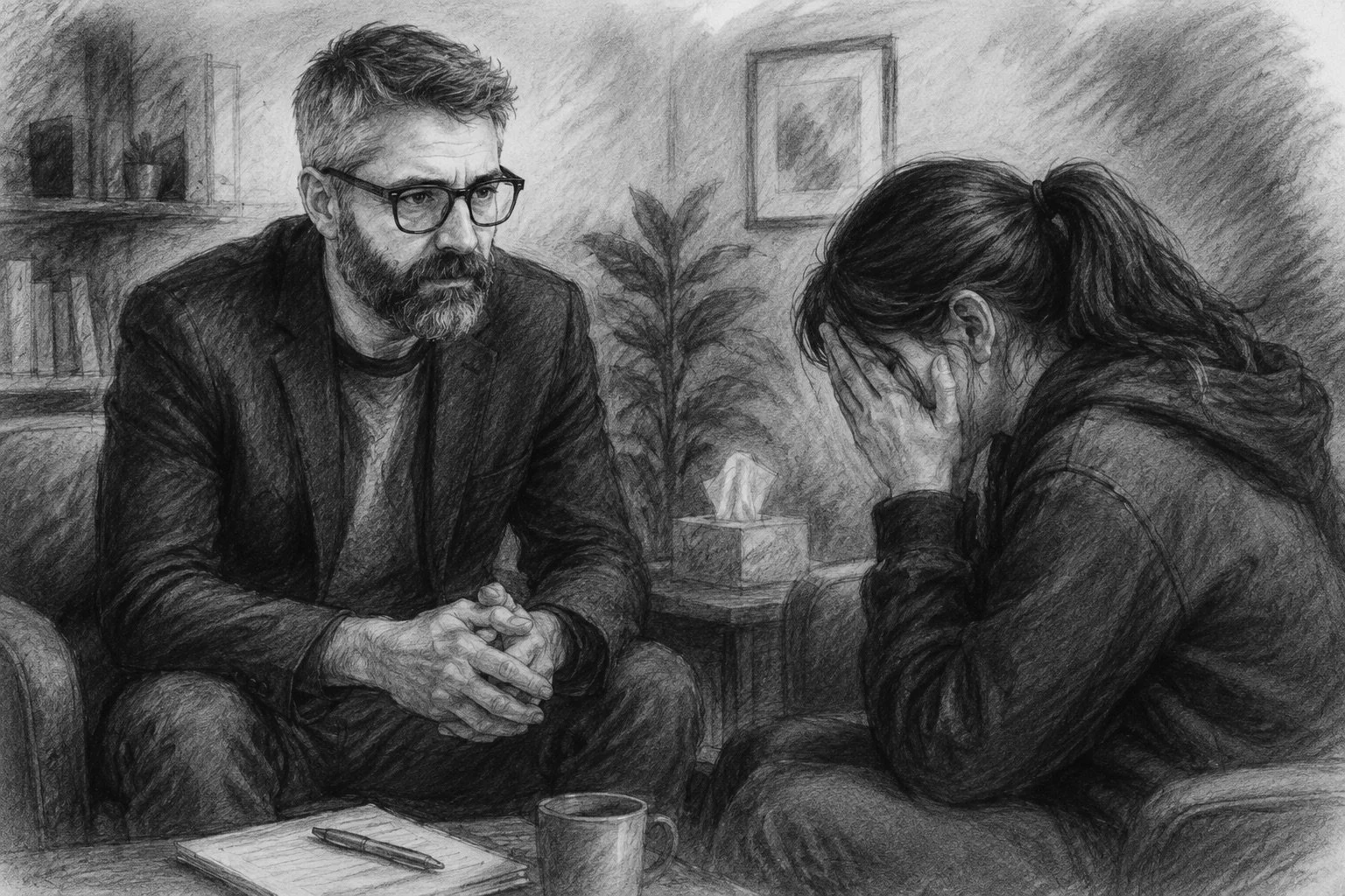 A black and white drawing of a therapy session with Ryan Minti. The woman has long hair tied back and is sitting with her hands covering her face, appearing distressed.