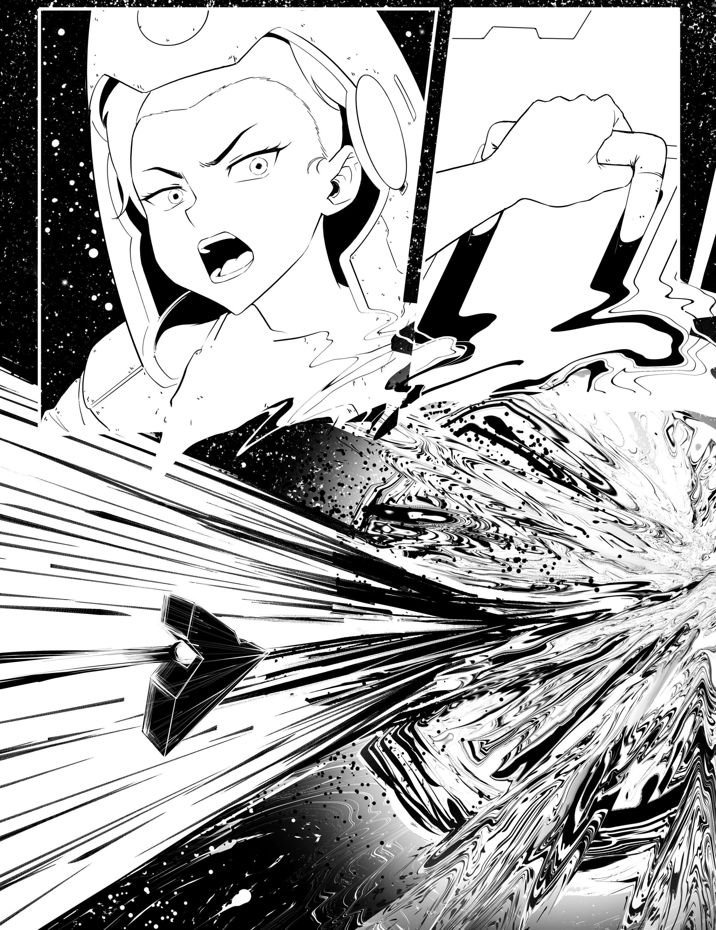 Black and white illustration of a young woman in a space suit inside a spacecraft, looking surprised or angry. Space and swirling cosmic patterns in the background, with a floating astronaut helmet nearby.