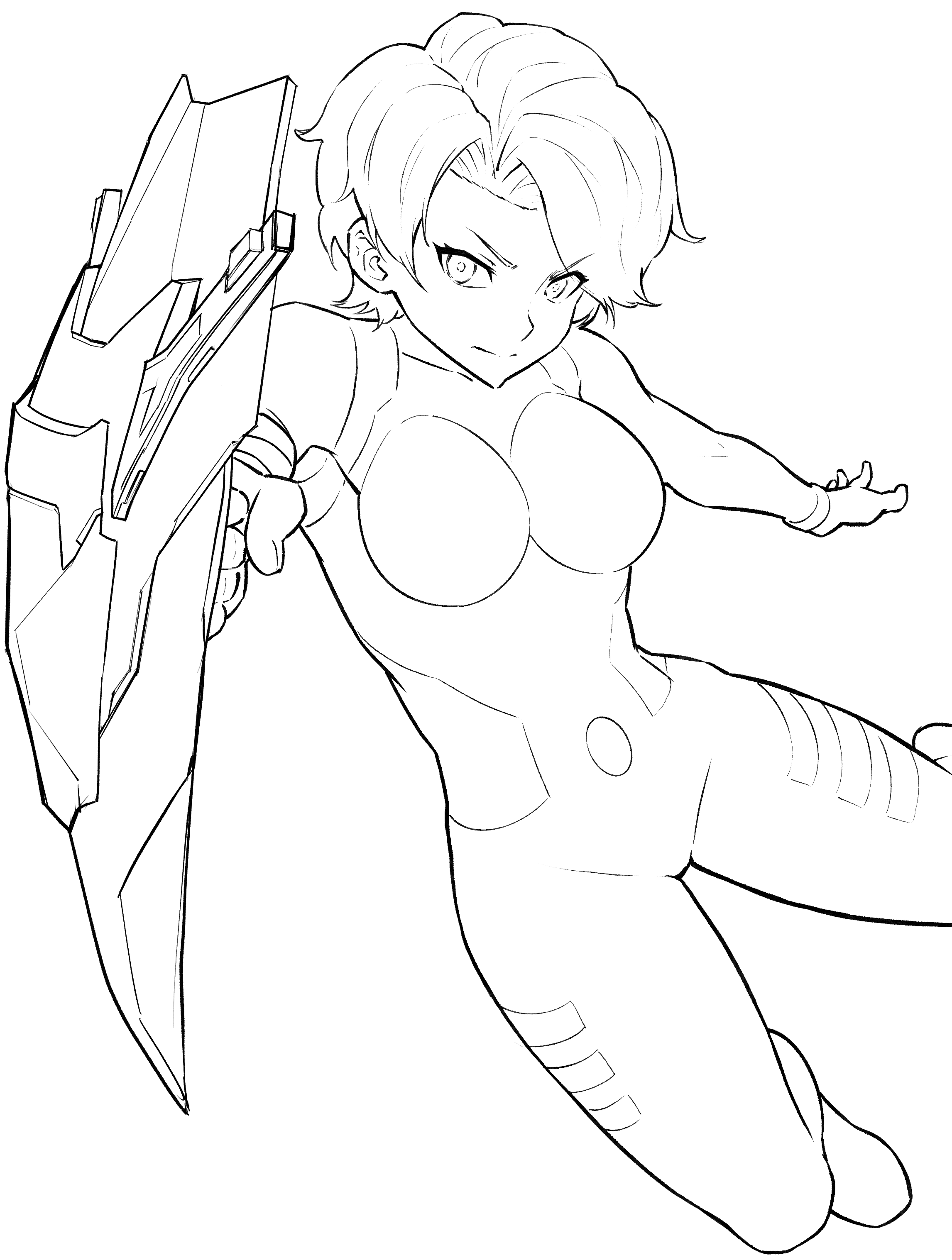 Black and white line drawing of a female in a suggestive pose, holding a large weapon, with short, wavy hair and an intense expression.