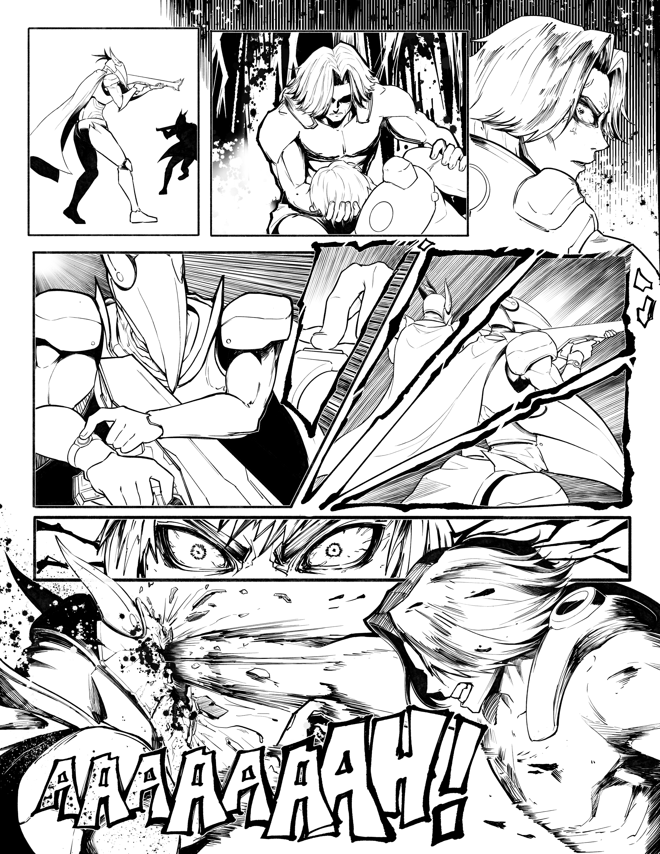 A comic book page featuring an intense battle scene with multiple characters. The top panels depict a woman with a long cape shooting a rifle at a dark creature, a man with long hair holding a child in a forest setting, and a side profile of a woman with glasses. The middle panels show a close-up of armored characters wielding weapons, and an action shot of a character with a sword. The bottom panel displays a character with glowing eyes and an aggressive expression, with large, bold sound effects in the background.