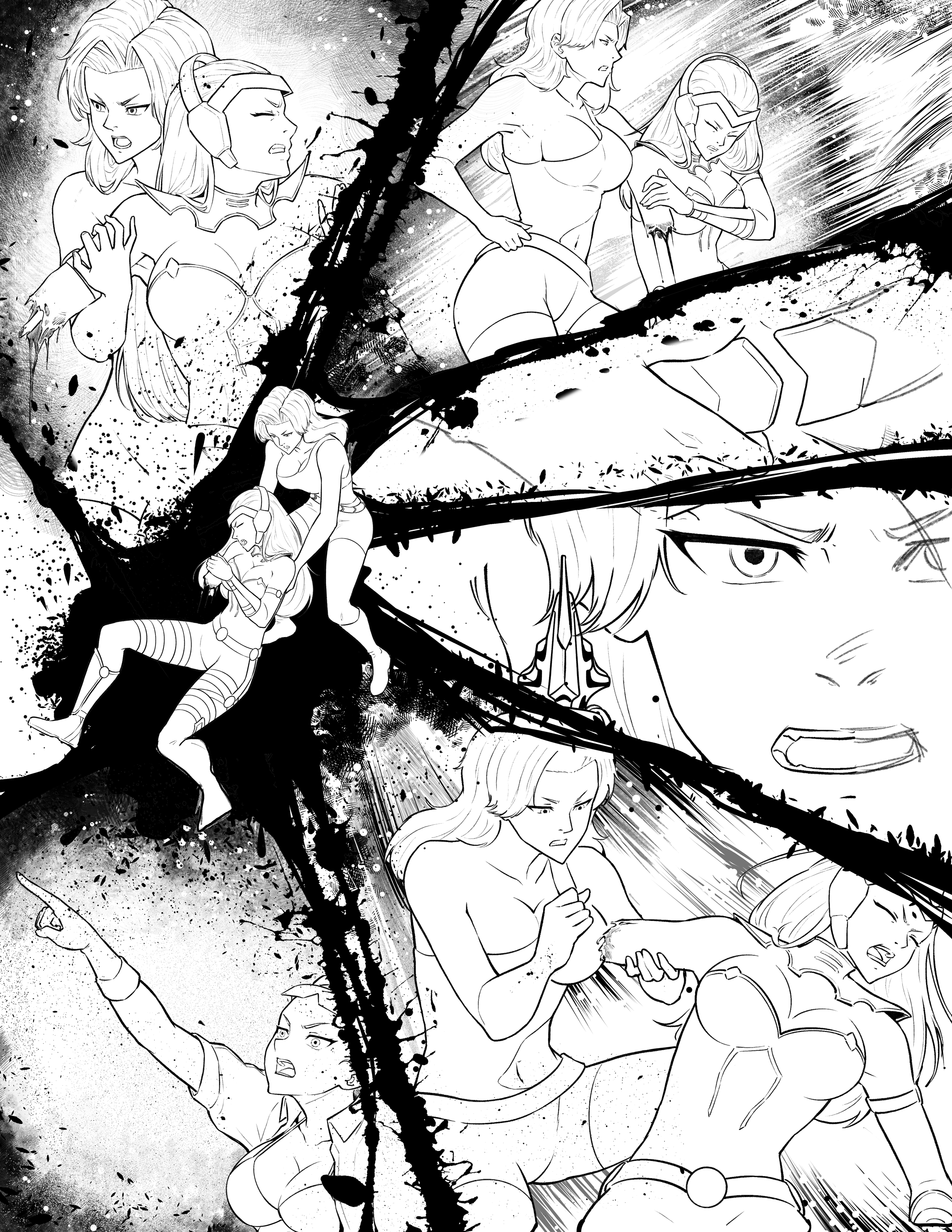 Black and white comic-style illustration featuring female characters in superhero costumes, some wearing armor and helmets, in dynamic action poses with intense expressions and energetic backgrounds.