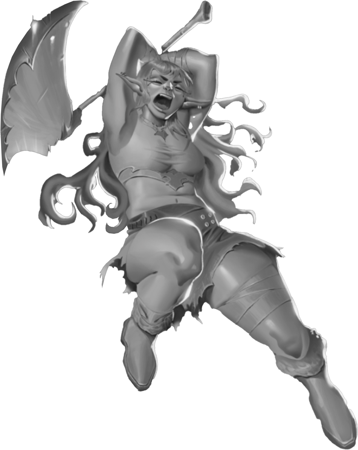 A digital illustration of a female elf with pointed ears and long flowing hair. She appears to be shouting or in a battle cry, dressed in a fantasy-style outfit. In her hand, she holds a dagger or sword.