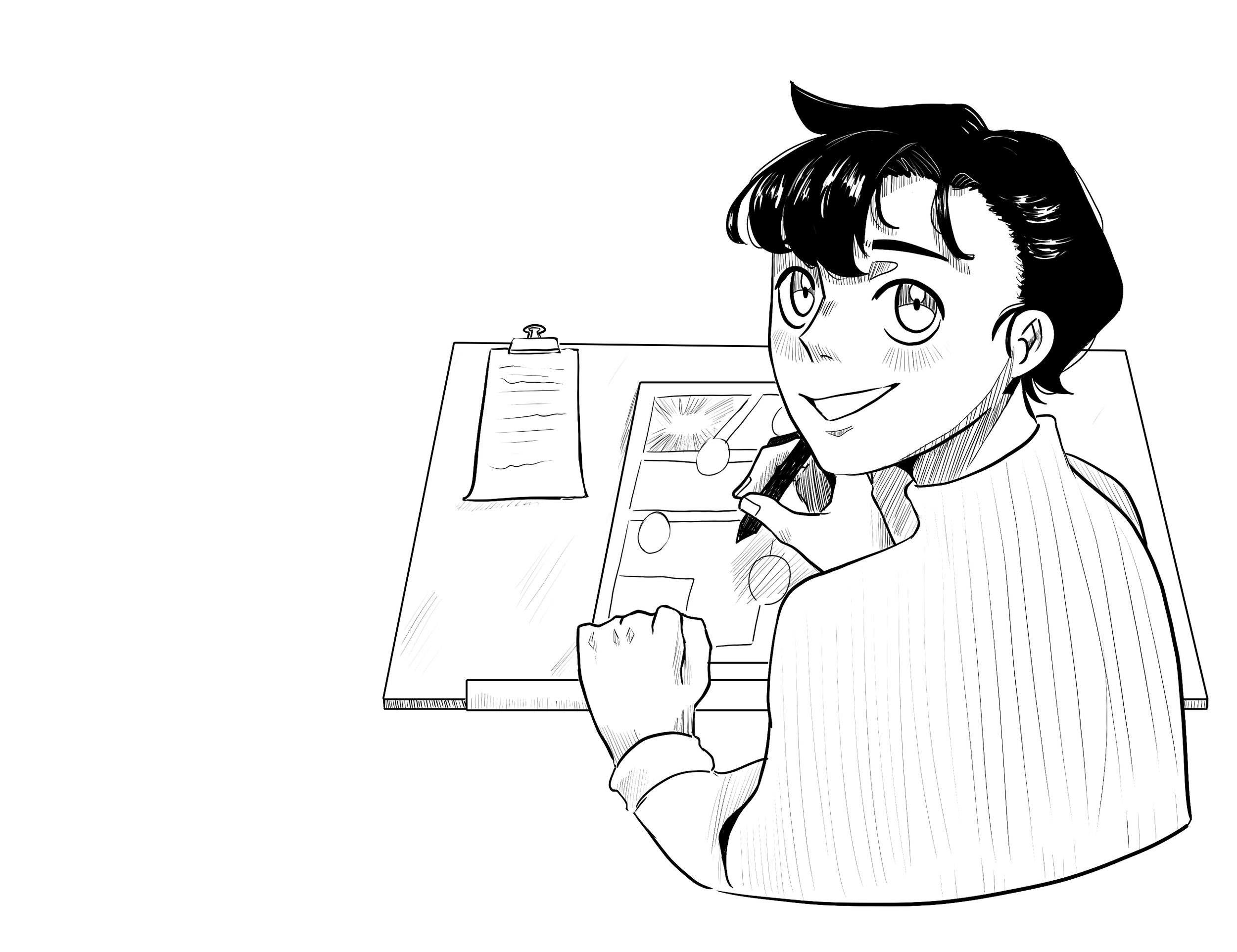 Black and white illustration of a young male character with wavy hair, cheerful expression, and holding a phone, sitting at a desk with a keyboard, papers, and a tablet.