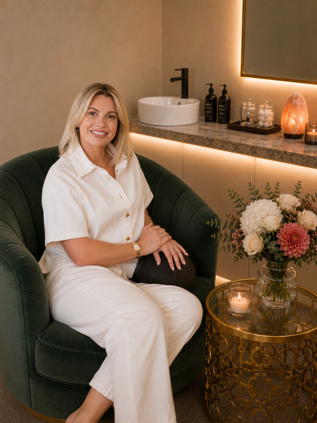 A woman with blonde hair wearing a white outfit sitting on a green velvet armchair in a cozy, softly lit room with a round gold side table holding a flower arrangement, candles, and a salt lamp, with a marble counter and decorative items in the background.