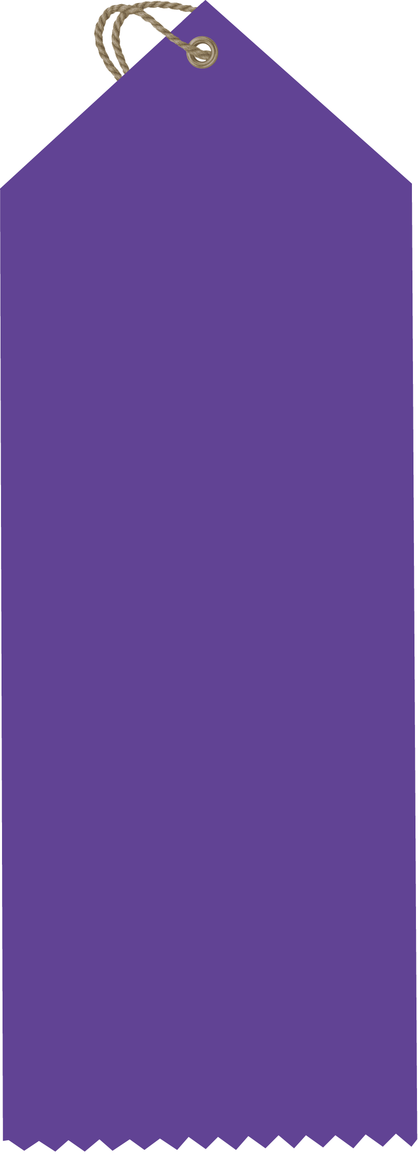 A large, purple gift tag with a string attached at the top.