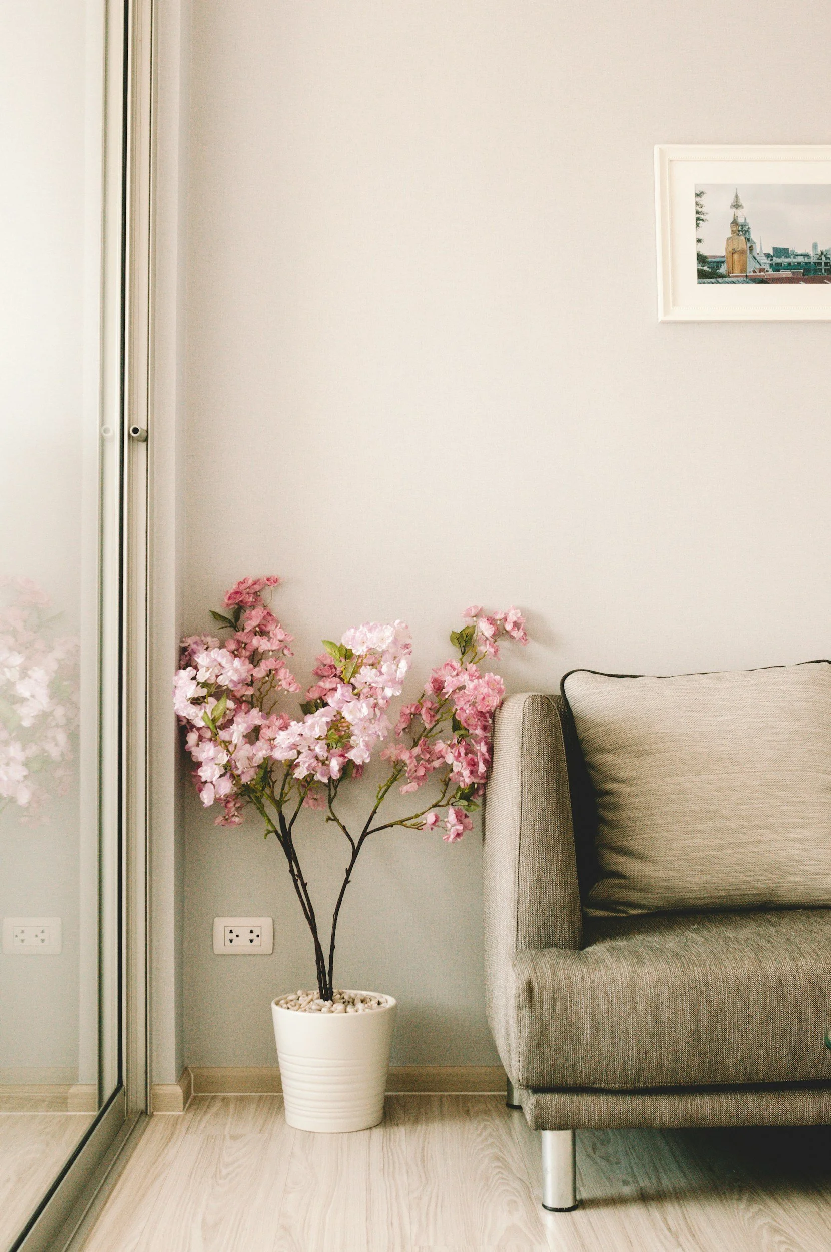 Ein Raum mit einer blühenden pinken künstlichen Kirschbaum-Pflanze in einem weißen Top, neben einem grauen Sofa und einer weißen Wand mit einem gerahmten Bild. Es gibt eine Spiegeltür und mehrere Steckdosen an der Wand.