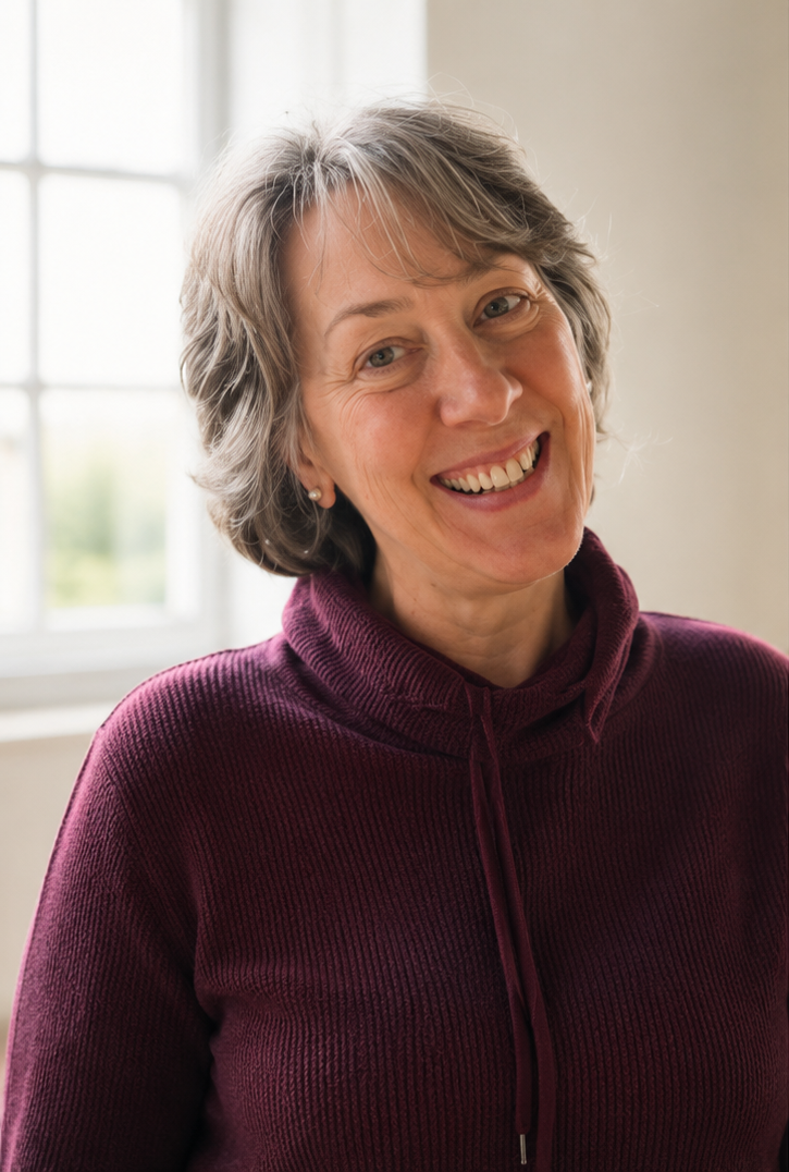 An older woman with short gray hair, smiling and wearing a maroon sweater, standing indoors near a window with a blurred outdoor view.