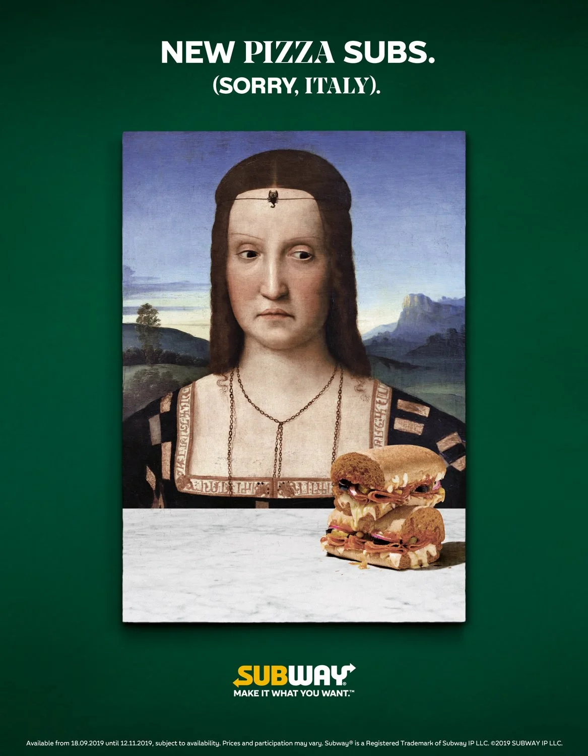 A Subway advertisement featuring a painting of Mona Lisa with a subway sandwich at the bottom right corner.