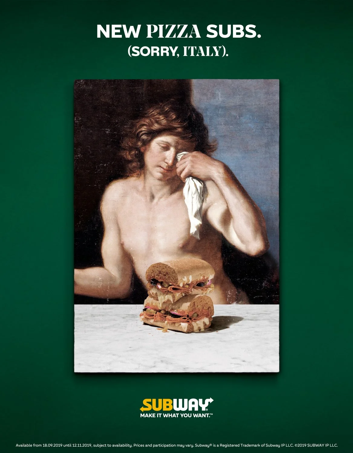A digital poster combining a classical painting of a woman with modern fast-food elements. The woman is holding a cloth to her face, with a Subway sandwich in front of her. The poster advertises new pizza subs from Subway, with the tagline "Make It W